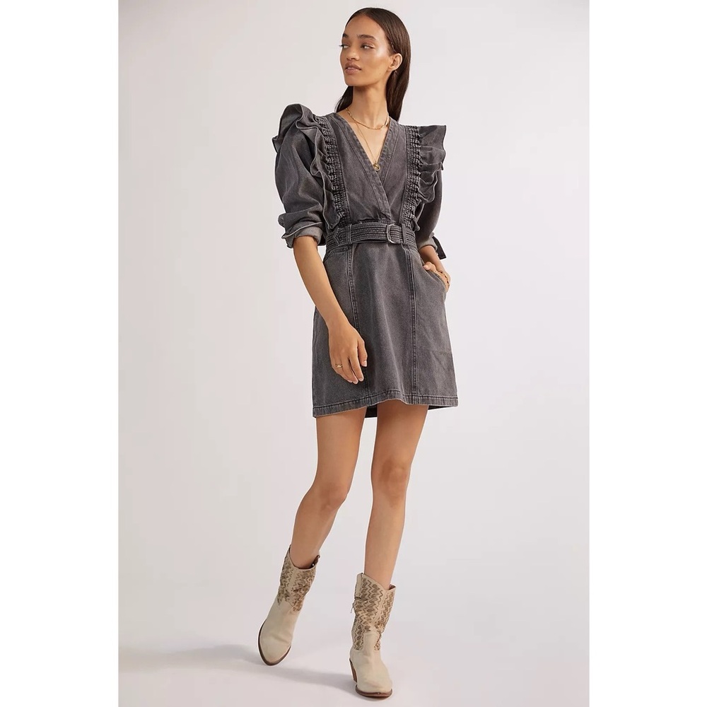 Magali Pascal Alexia Denim Ruffle Front Belted Mini Dress‎ in Washed Grey